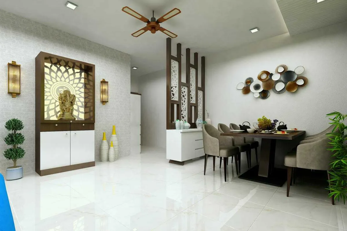 Render of a dining area with a dark wood six-seater and grey suede chairs, a metal disc-cluster wall sculpture behind it