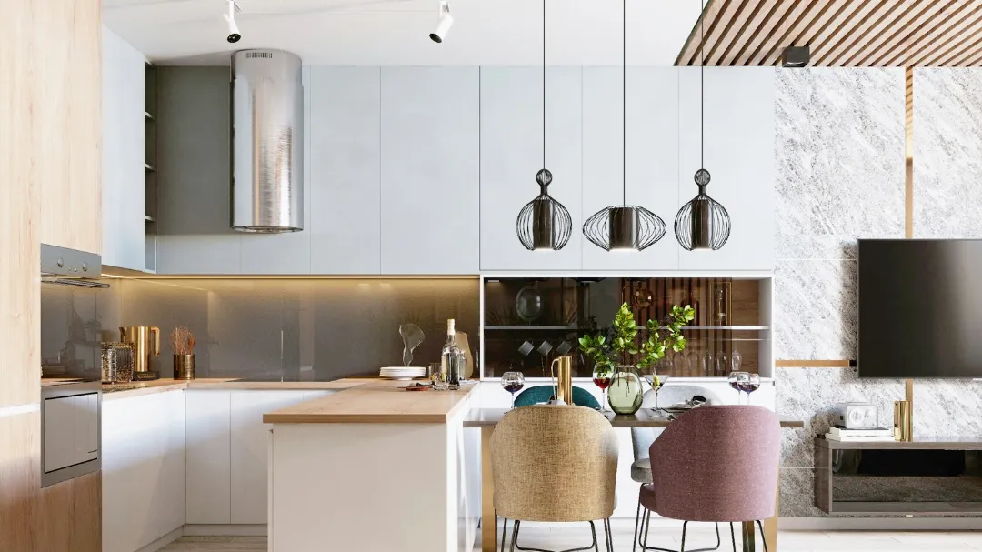 Render of an open-plan kitchen-dining-living space with pale blue-grey handleless kitchen cabinetry