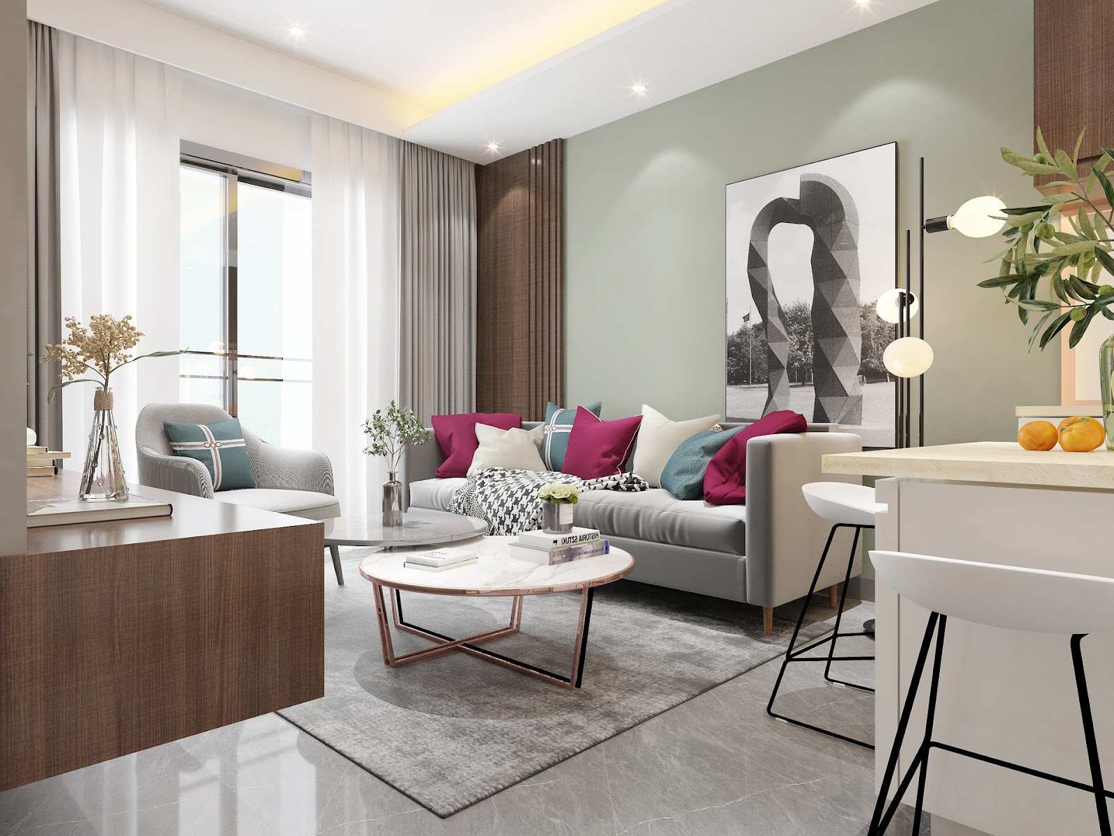 Render of a living room with a sage-green accent wall, grey sofa dressed with magenta and teal cushions, a round marble-and-brass coffee table