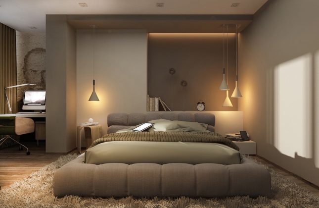 Render of a master bedroom with a channel-tufted platform bed under a lit cove-lit headboard alcove, hanging pendant lights on either side