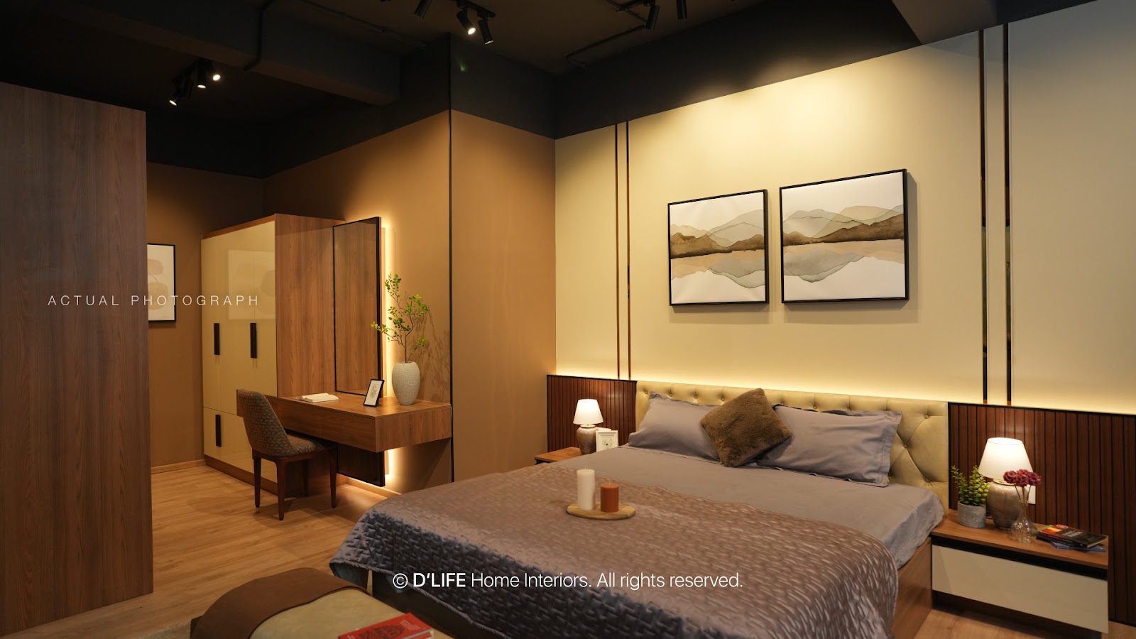 Bedroom with a tufted taupe leather headboard bed flanked by wood-panelled nightstands