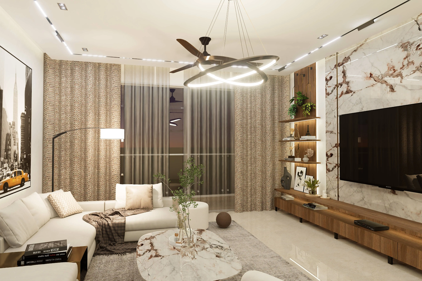 Render of a living room with a full-height marble slab TV wall, a floating wood TV console with backlit open shelving, a white L-shaped sofa