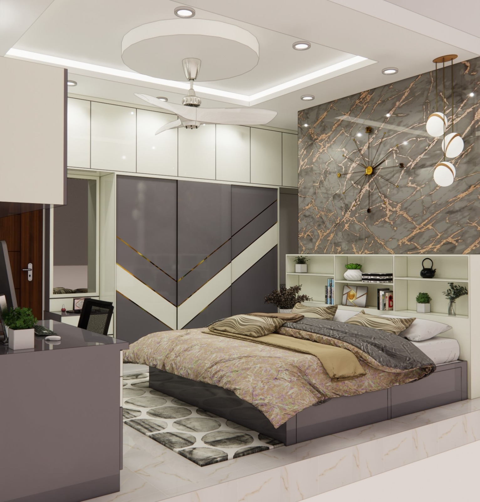 Render of a master bedroom with a gold-veined marble headboard wall, chevron-pattern wardrobe and a built-in study desk