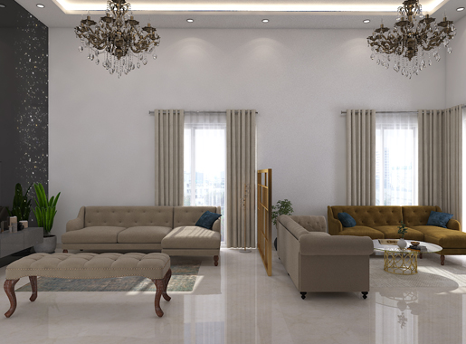Render of a living room split into two seating areas by a slatted wood partition, each with tufted sofas beneath a crystal chandelier