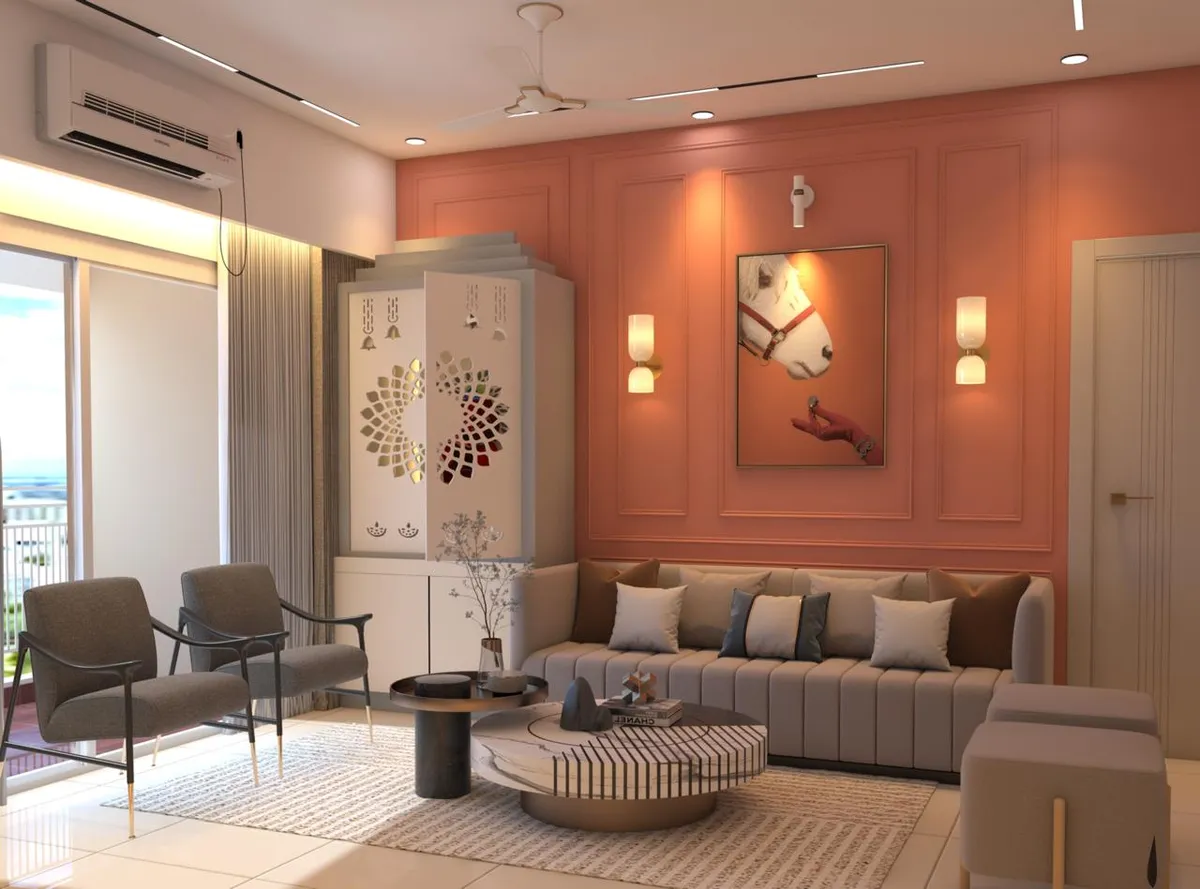 Render of a living room where a terracotta moulded feature wall carries a framed horse portrait between two opal wall sconces