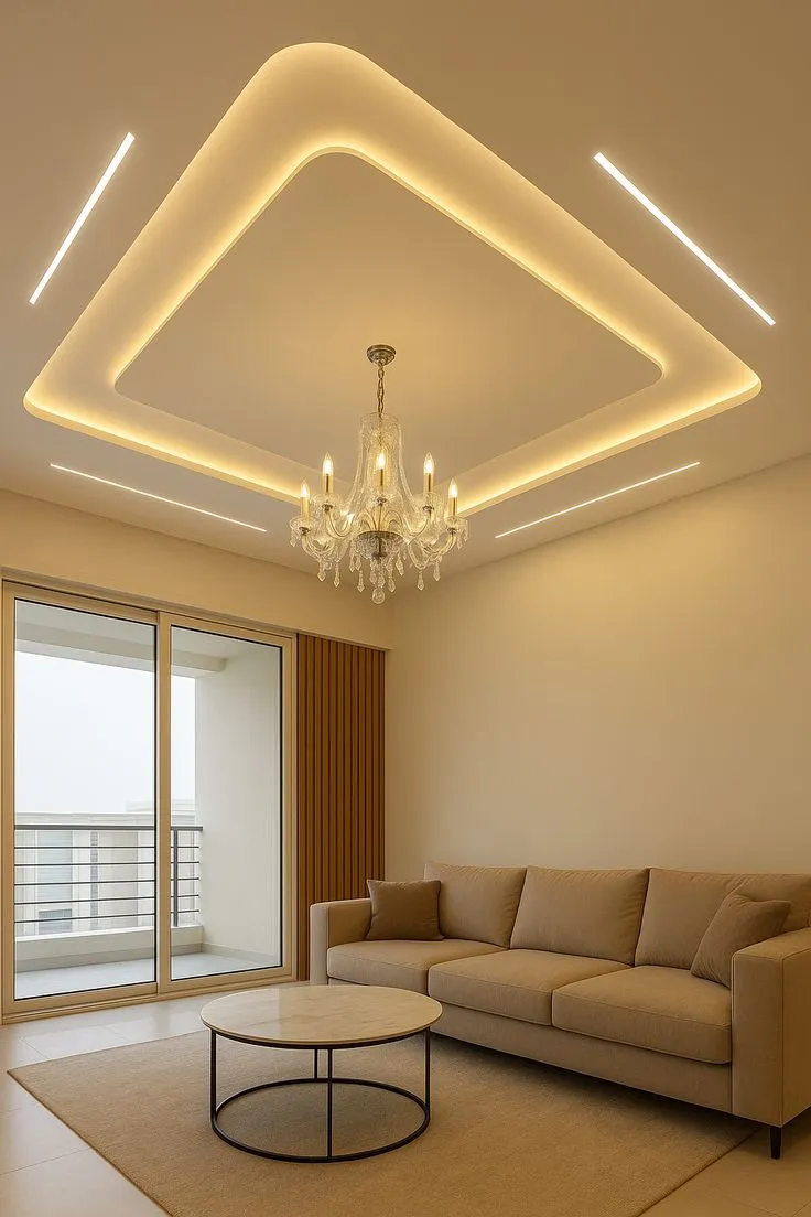 Render of a small living room dominated by a rounded-square cove-lit ceiling drop with four diagonal LED slots and a crystal chandelier