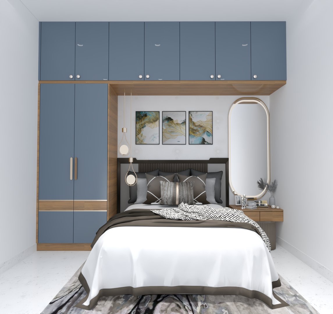 Render of a bedroom with a blue-grey and wood wardrobe wall, an oval gold-framed mirror, three abstract wall art pieces