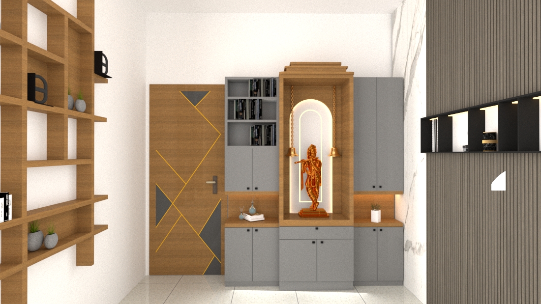 Render of a pooja unit with a backlit arched deity niche and hanging bells, flanked by grey cabinets with open bookshelves