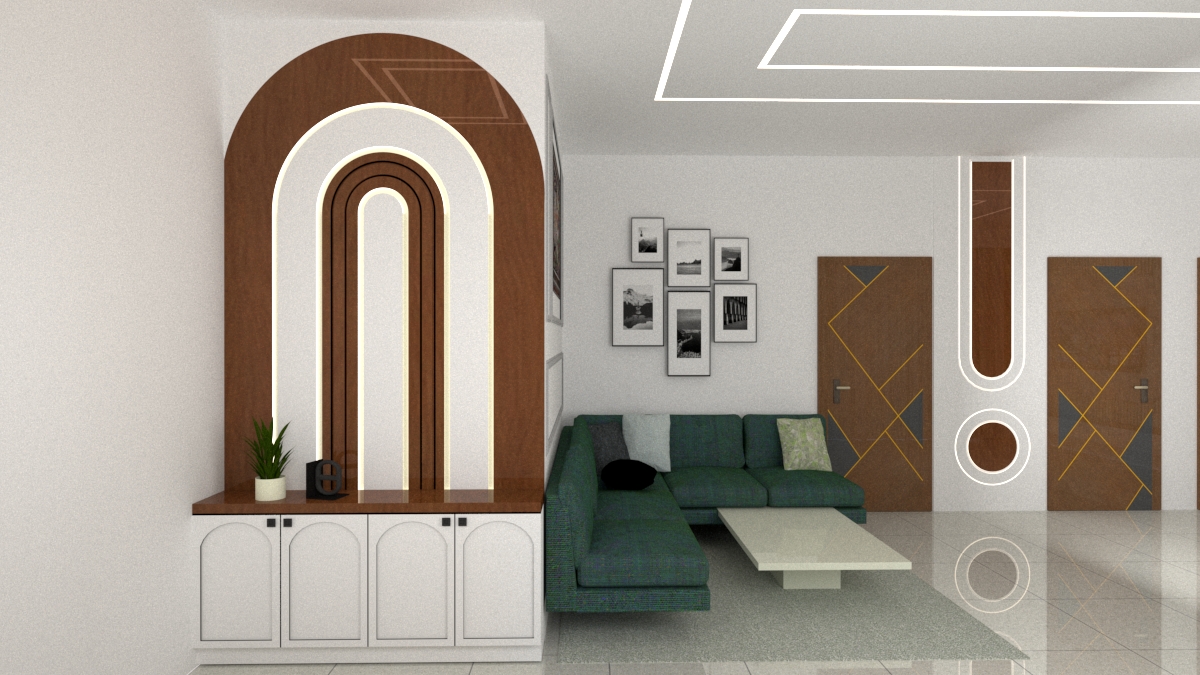 Render of a living room with an arched wood veneer wall niche framed in LED light, a green boucle sectional sofa, and internal doors with geometric brass inlay.