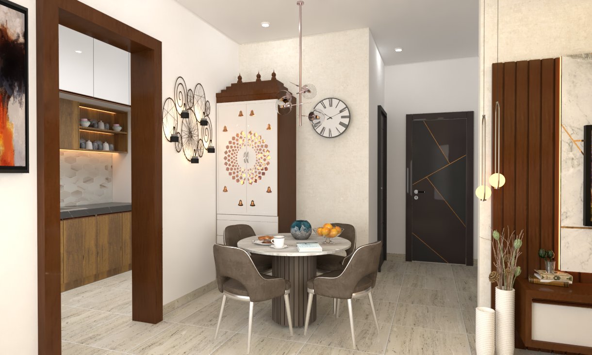 Render of a dining nook with a round marble-top table on a fluted pedestal base, cluster pendant lighting