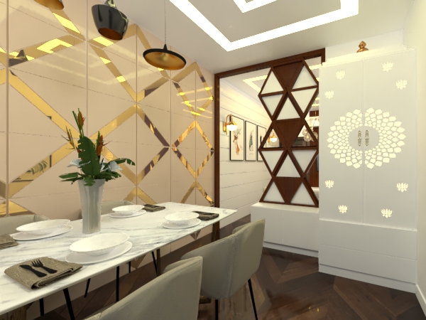 Render of a dining room with a gold diamond-pattern mirror accent wall, geometric cove-lit ceiling, and a marble dining table set for four