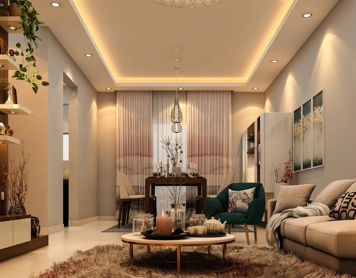 Render of an open-plan living-dining space with a cove-lit ceiling, ombre sheer curtains behind a dining table under a teardrop pendant