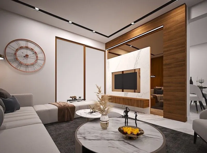 Render of a living room where a wood-framed TV niche is cut into a white marble slab on a walnut partition lit by a linear strip