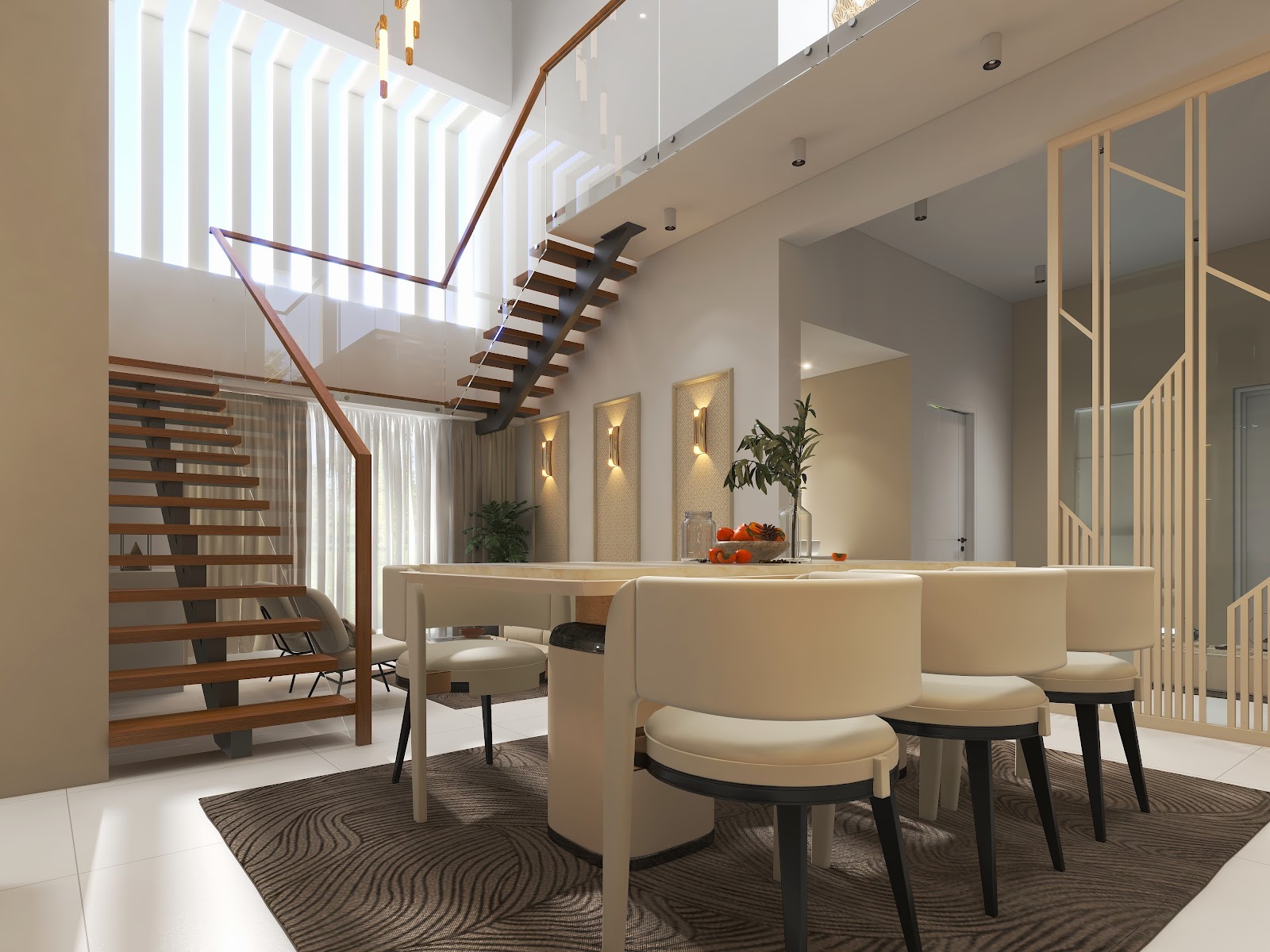 Render of a double-height dining area beneath an open-tread floating staircase, with a round dining table, sconce-lit accent wall