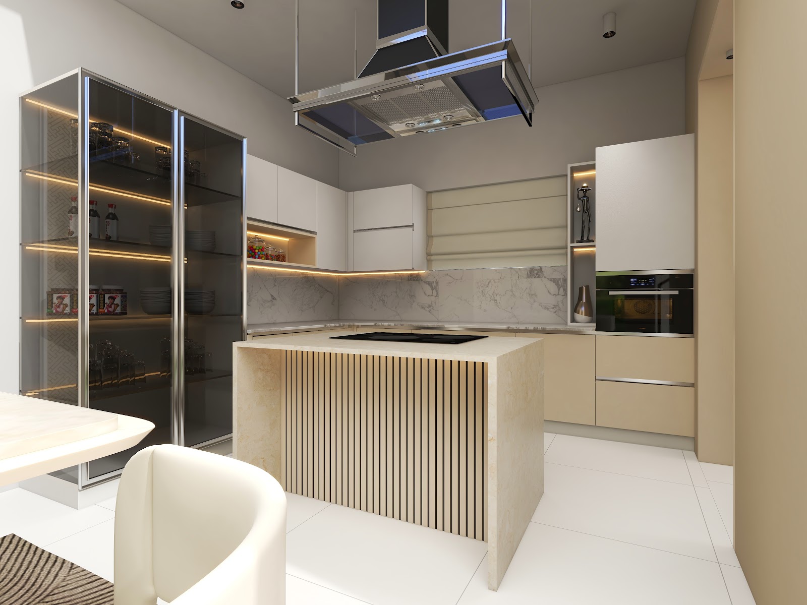Render of a kitchen with a fluted-wood-and-marble island under a statement chimney hood, a glass-fronted crockery display cabinet, and a marble slab backsplash.