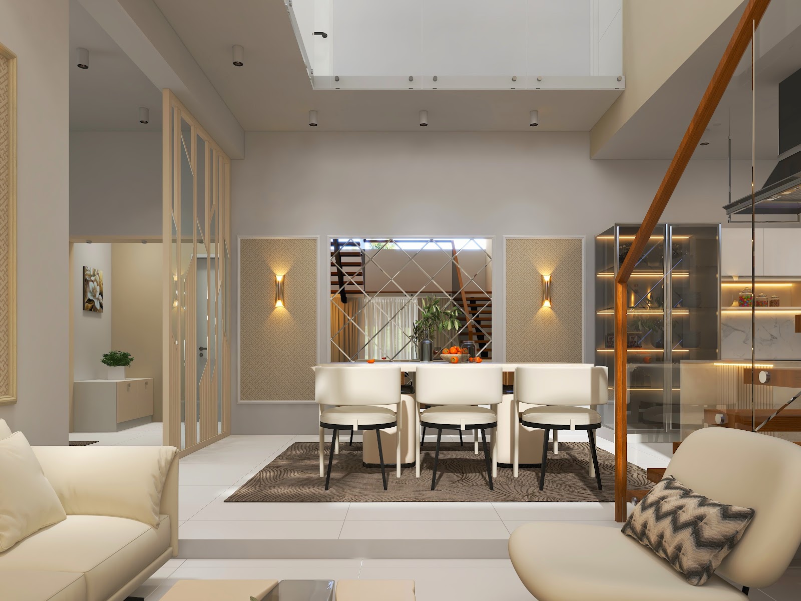 Render of an open-plan double-height home showing a dining table beneath patterned wall panels, cream sofas in the foreground