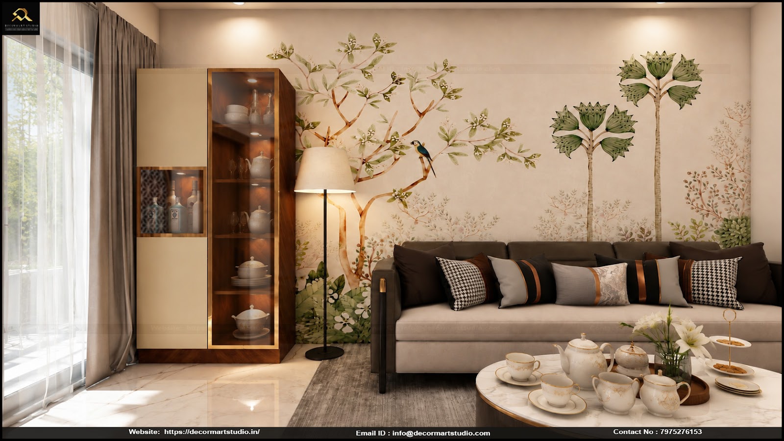 Render of a living room with a botanical bird mural wallpaper, a brass-framed crockery display cabinet, and a taupe sofa styled with mixed-pattern cushions.