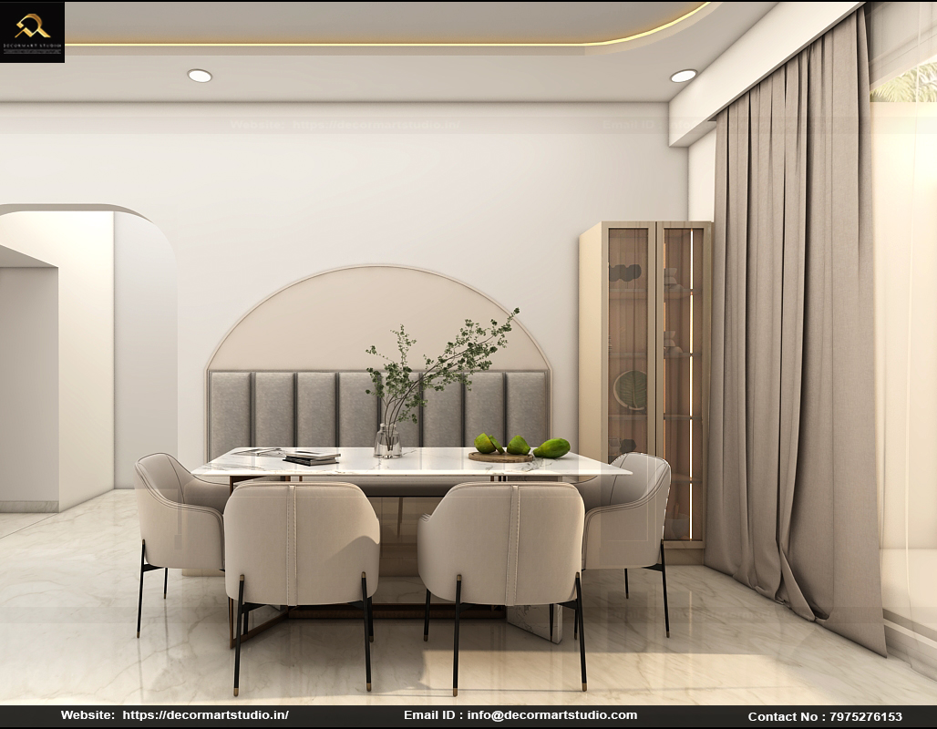 Render of a dining room with a marble-top table, cream upholstered chairs, and an arched channel-tufted wall panel behind, flanked by a glass display cabinet.
