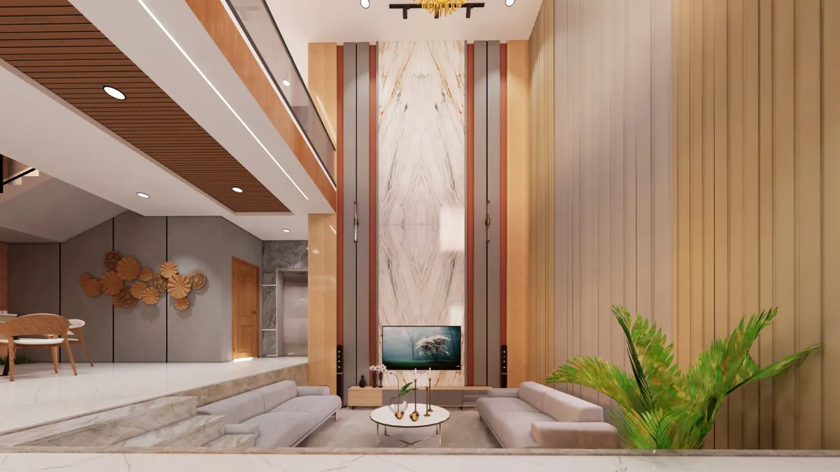 Render of a sunken double-height living room where a book-matched white marble slab rises full height behind a low TV console