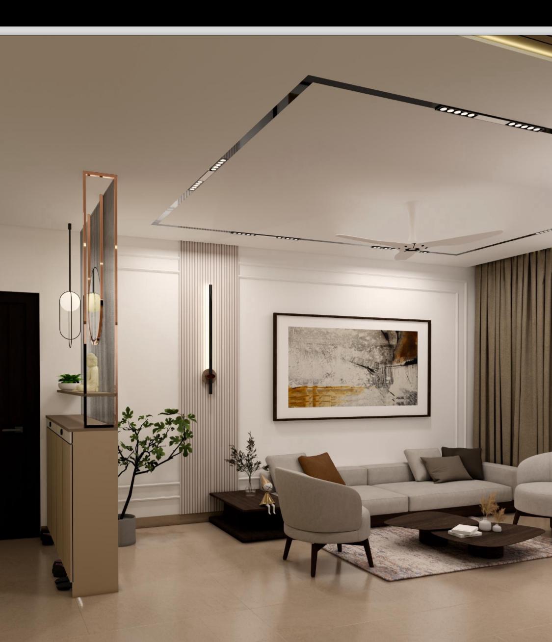 Render of a living room with a linear profile-lit pop ceiling, fluted wall panelling, a large abstract wall art piece
