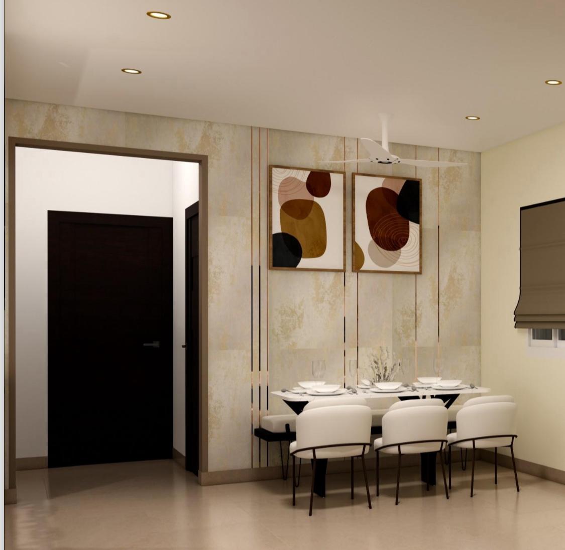 Render of a dining nook against a textured gold wallpaper feature wall inset with thin vertical brass strip lines and a pair of abstract art prints