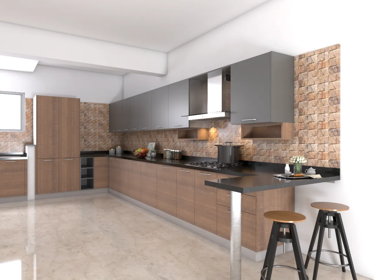 Render of a long L-shaped kitchen where wood-finish base units and grey wall cabinets run against split-face stone brick cladding