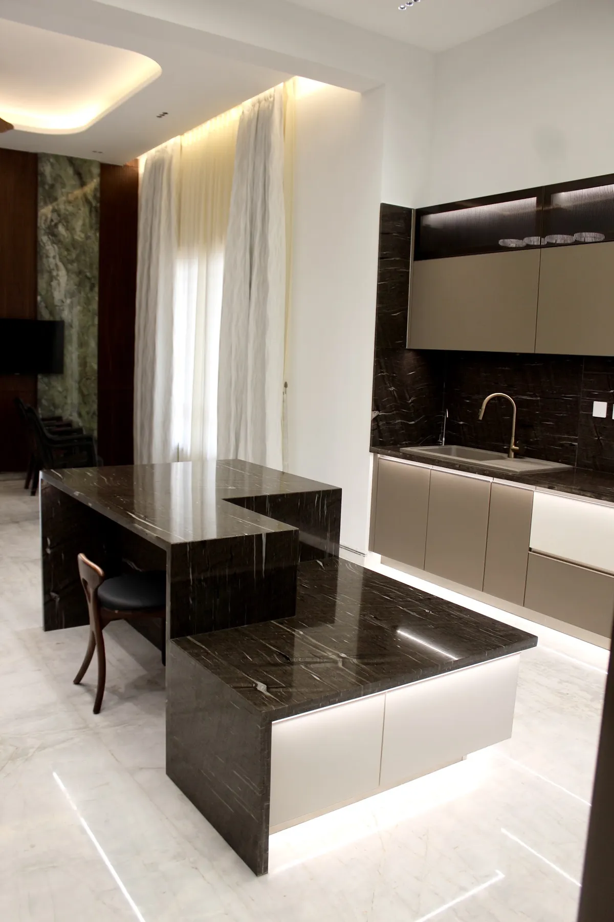 black and white luxury kitchen with counter — real Indian home
