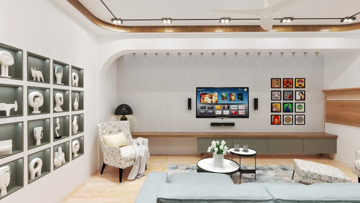 Render of a living room with a wall-mounted TV on a textured plaster wall, a floating sage-green console, a gallery of colourful framed art