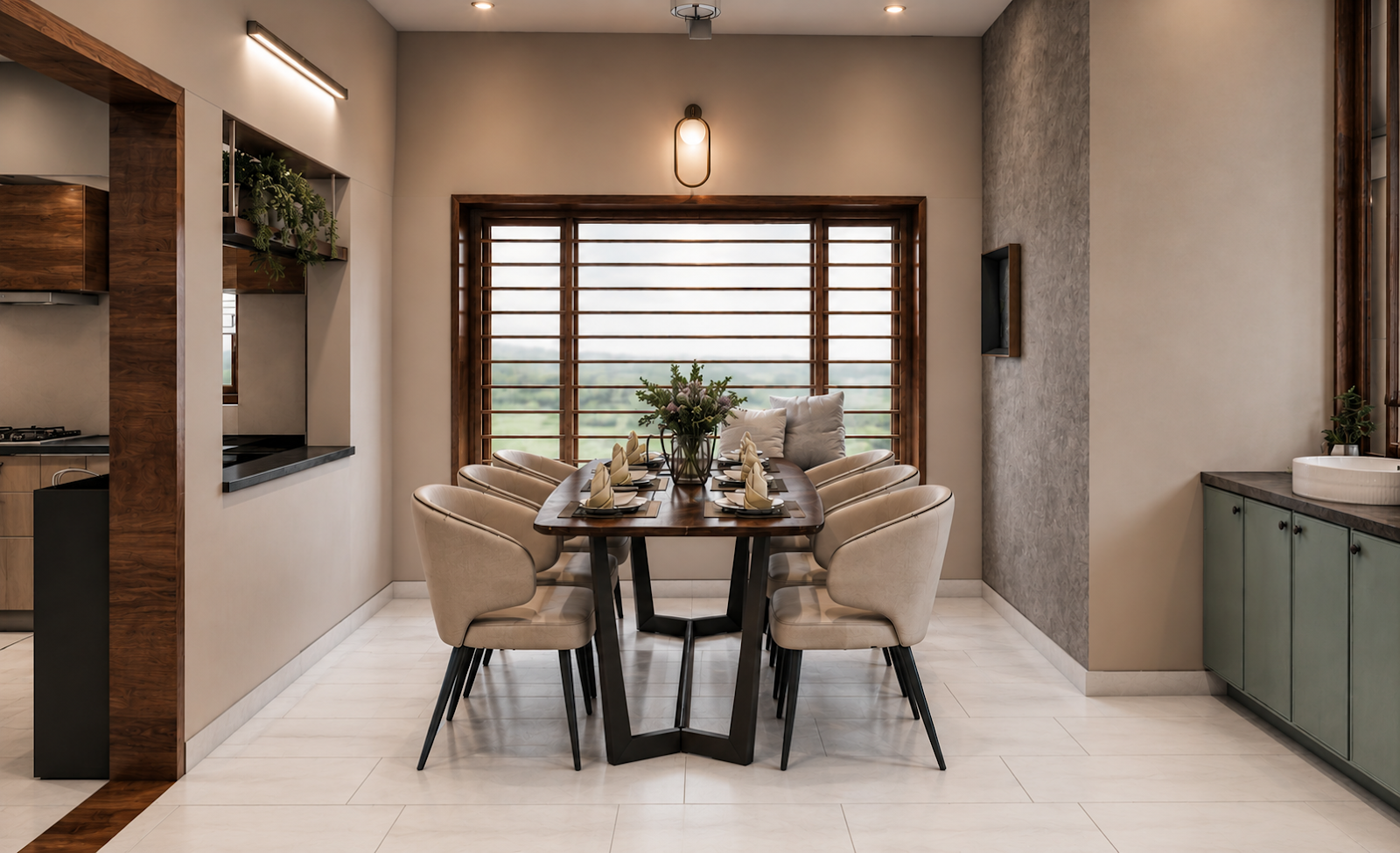 Render of a dining room with a walnut oval table set for eight beneath a single pendant light, a wood-louvred picture window overlooking greenery