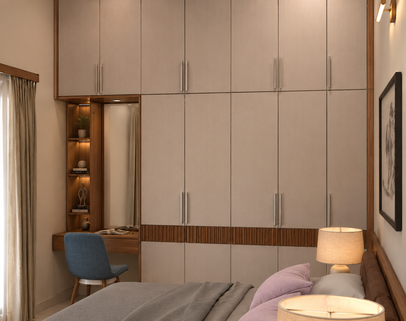Rendered bedroom with a full-height beige wardrobe wall with a fluted-wood kick band, a built-in dressing mirror nook with lit display shelves