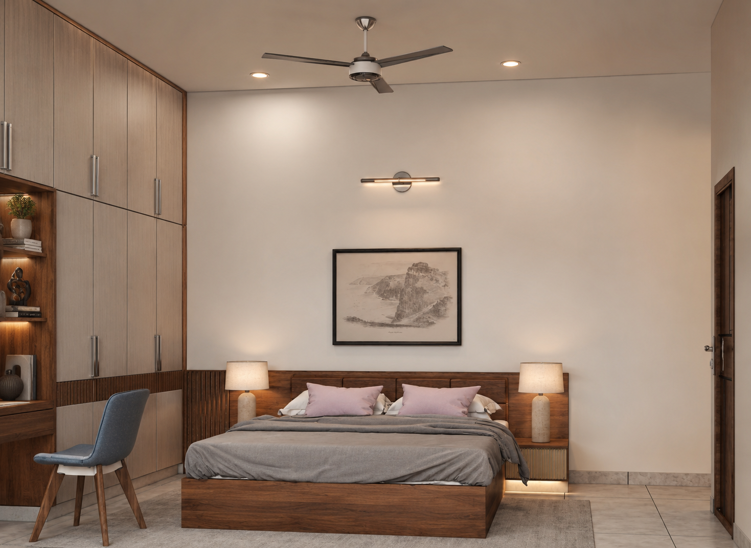 Render of a bedroom with a full-height wardrobe wall, a wood-panel bed with floating nightstands, and a study desk in the corner.