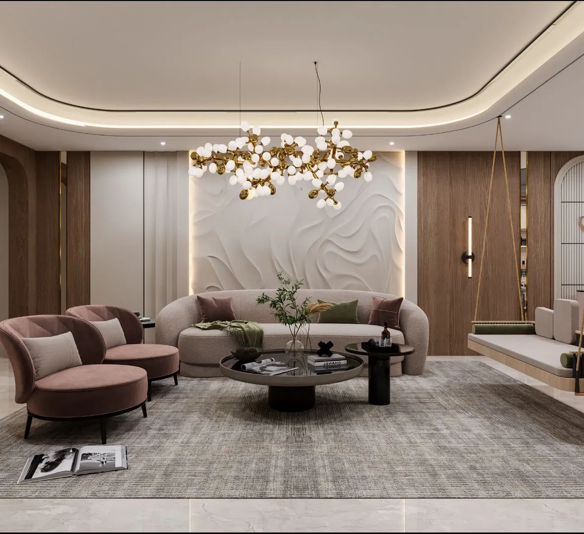 Render of a living room with a curved boucle sofa and blush pink armchairs beneath a gold bubble-cluster chandelier, a sculptural 3D textured wall panel