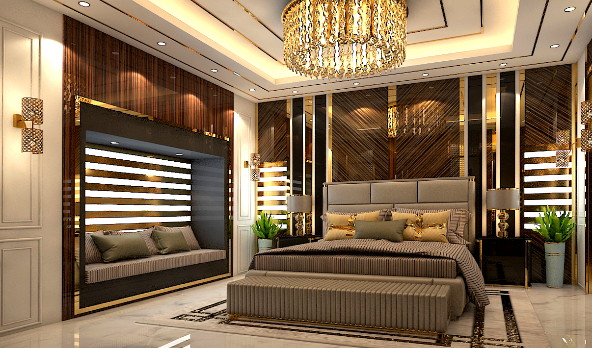 Render of a master bedroom with a crystal drum chandelier, striped gold-and-mirror feature wall panels, a built-in dark-wood daybed nook