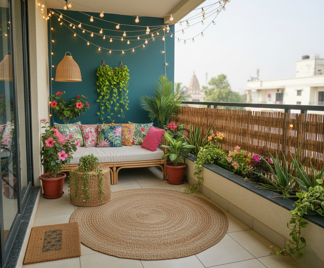 jewel tone boho balcony with wallpaper — real Indian home