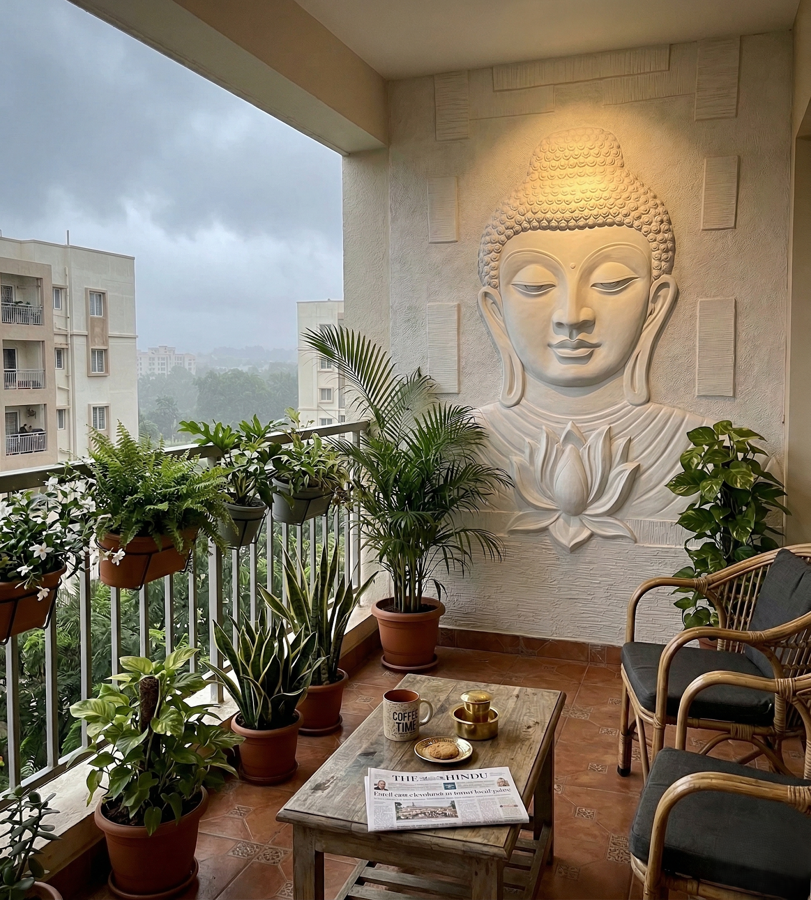 earthy boho balcony with wall art — real Indian home