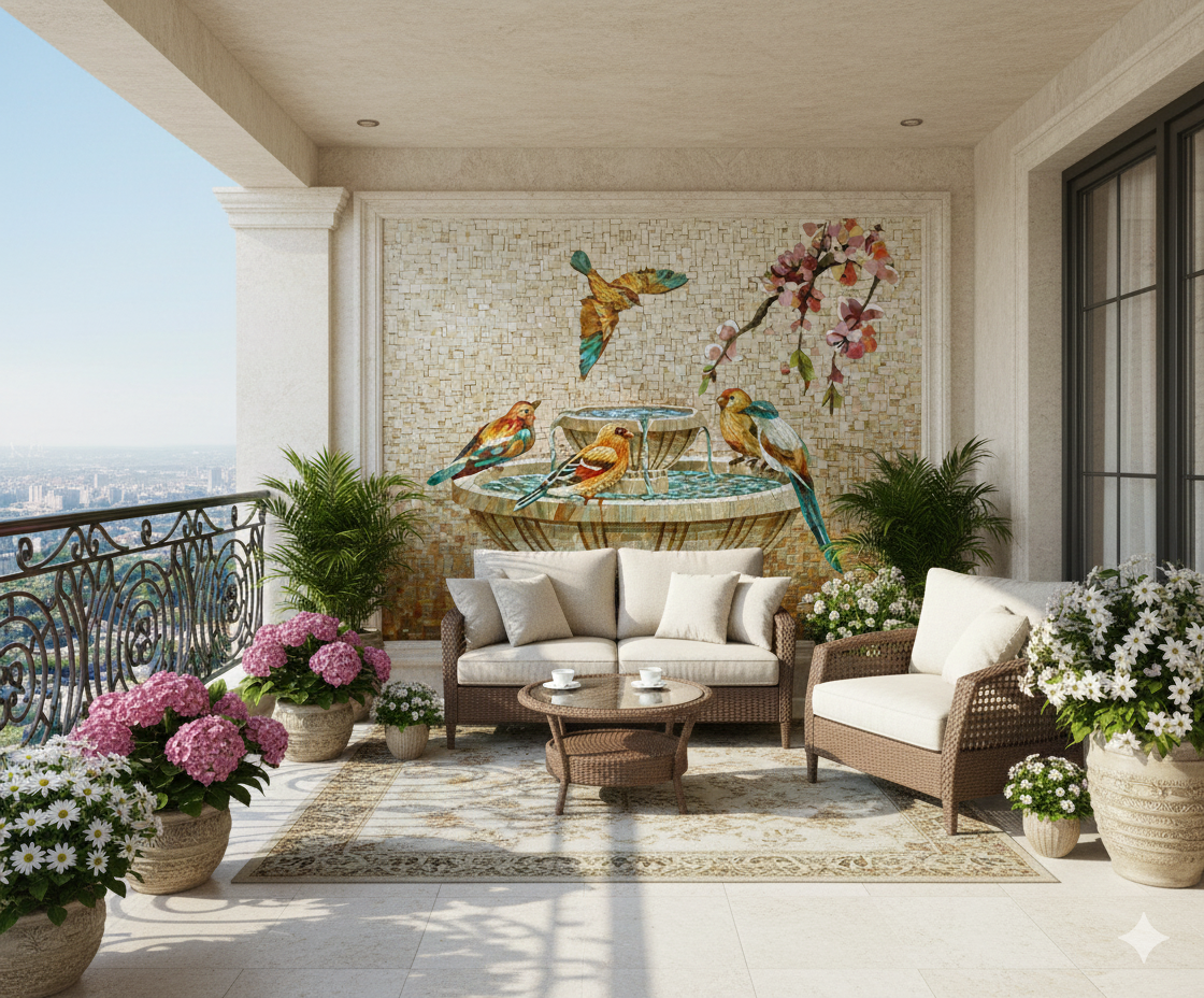Render of a home balcony with a custom mosaic mural of birds and a fountain, a wicker sofa and armchair around a round coffee table on a patterned rug