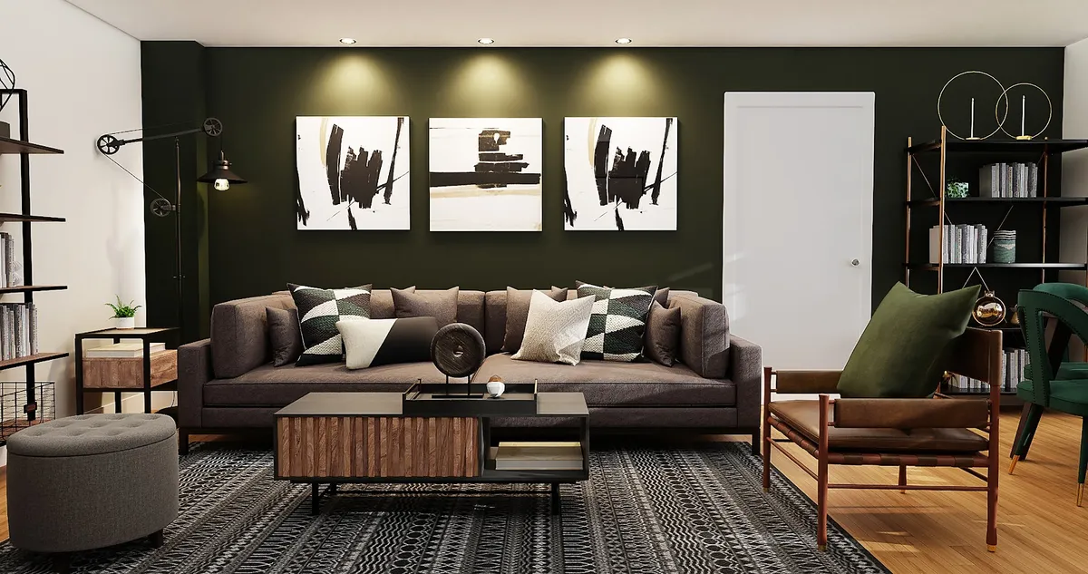 Render of a living room with an olive-green accent wall, black-and-white triptych art, a brown sectional sofa with graphic cushions