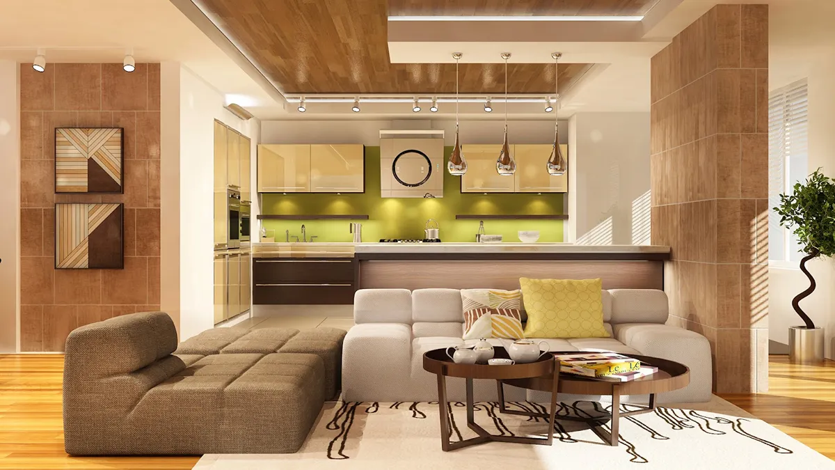 Render of an open-plan living-kitchen with a wood-clad ceiling, olive-green kitchen backsplash, teardrop pendant lights over the island