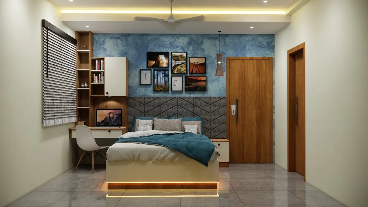 Render of a bedroom with a mottled blue textured feature wall, a grey chevron-upholstered headboard panel
