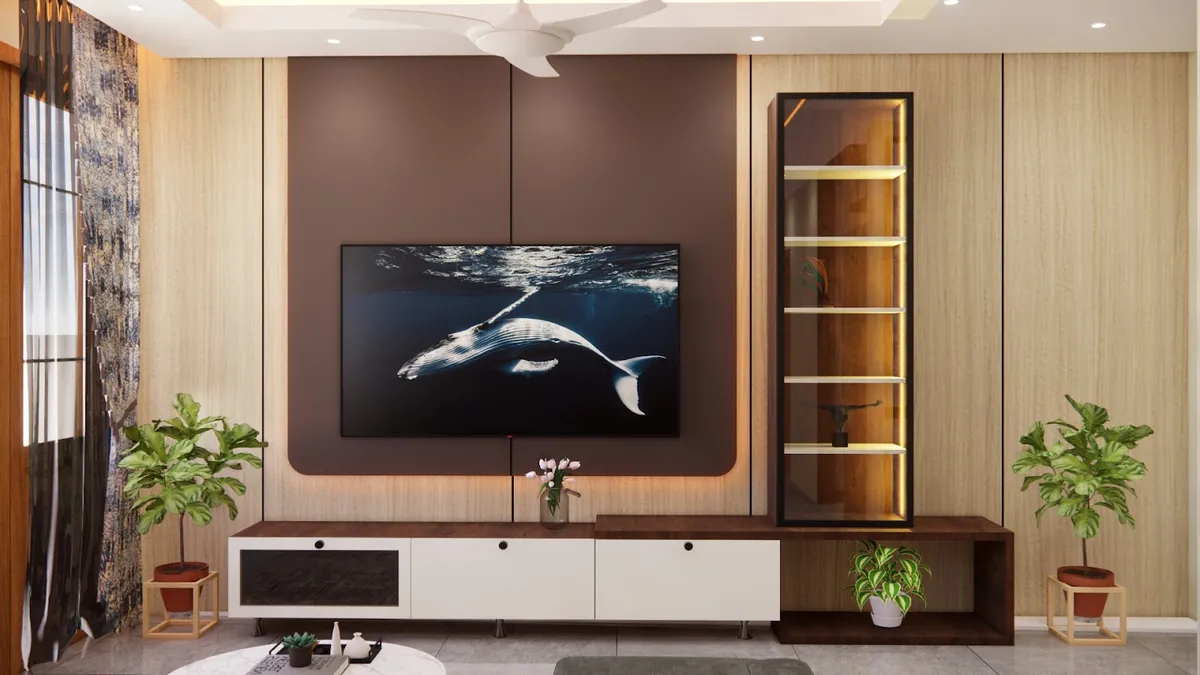 Render of a TV wall where a rounded-corner mocha-brown panel is backlit against light oak veneer grooved panelling