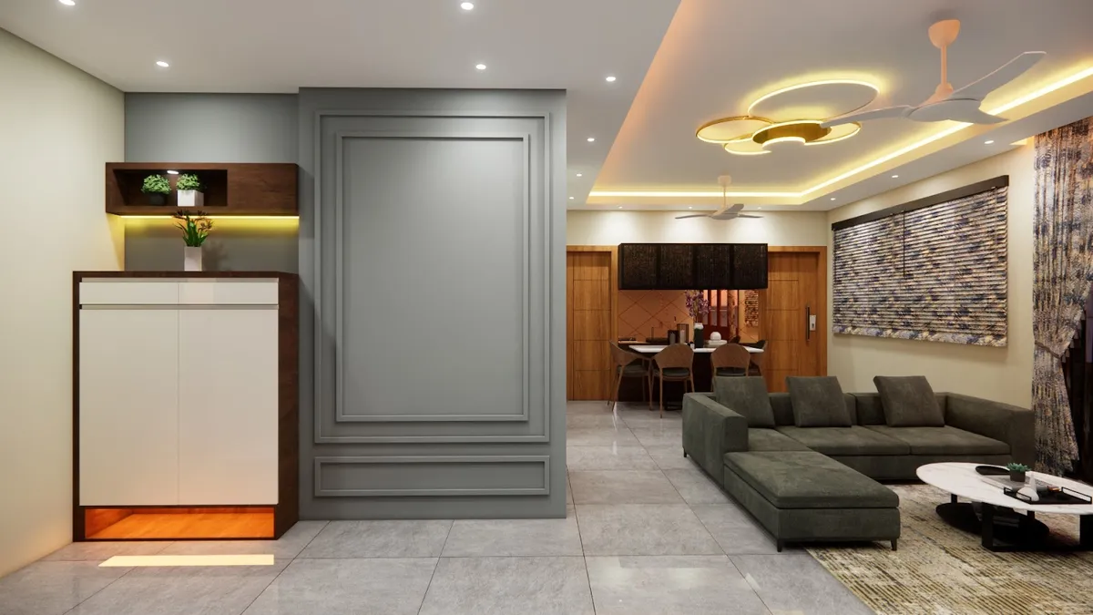 Render of an open-plan entrance with a moulded grey accent wall and shoe cabinet leading past a tiered cove-lit ceiling into a living room with an olive