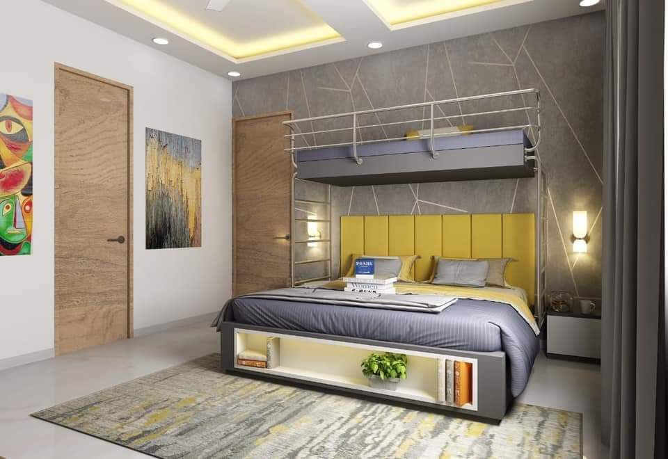 Render of a kids' bedroom with a yellow tufted-headboard storage bed set beneath an industrial pipe-frame loft bunk, textured grey geometric-line wall