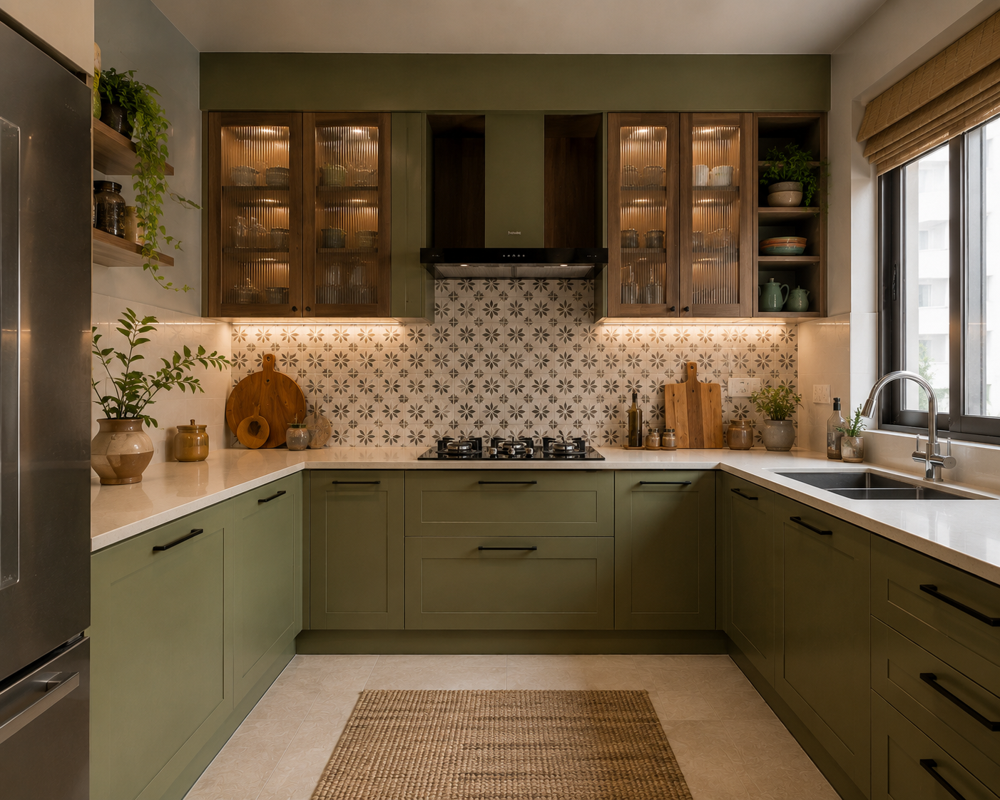 earthy modern indian kitchen with layout — real Indian home
