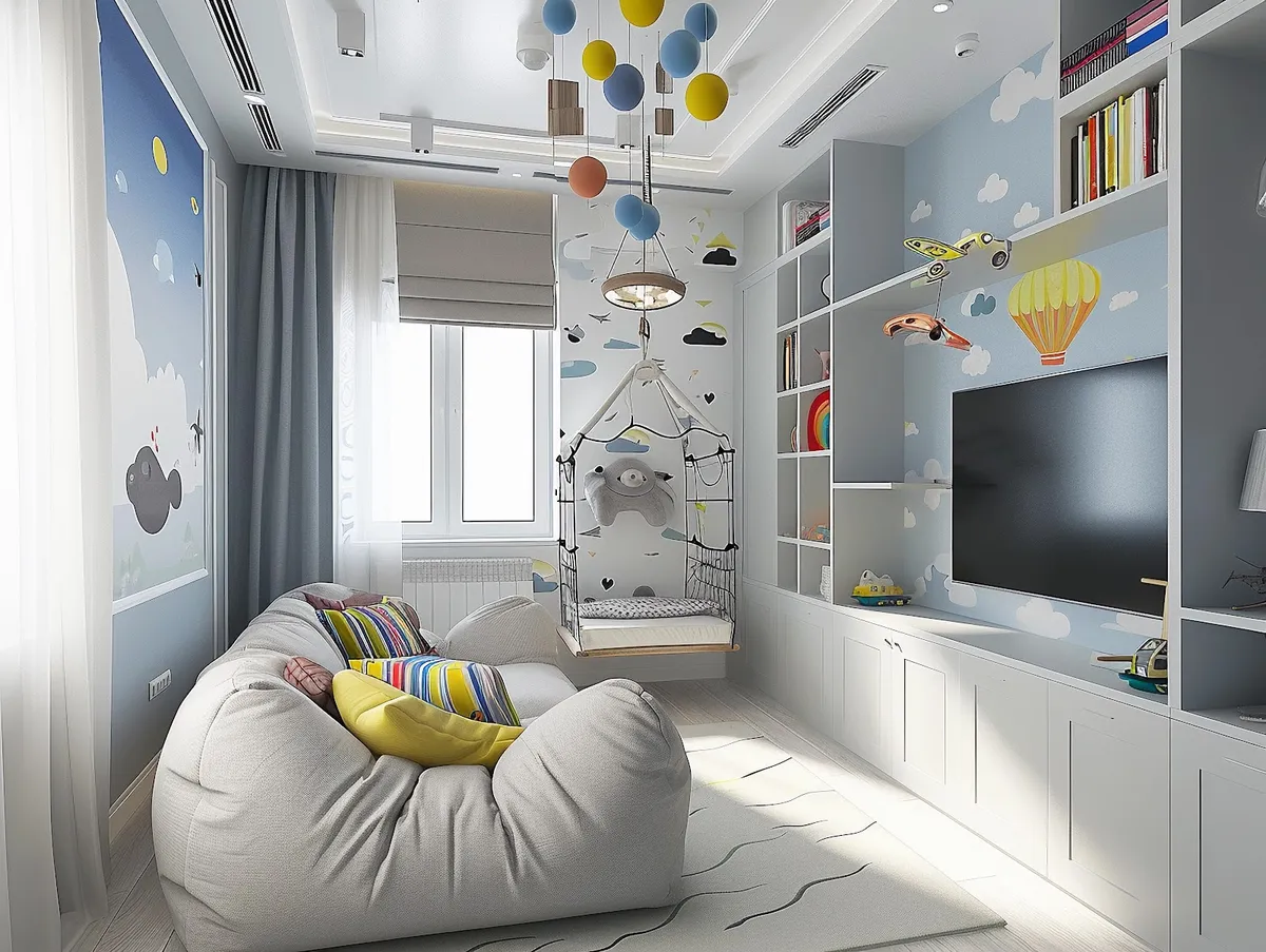 Render of a narrow child's room in sky-and-cloud wallpaper, with a canopied hanging cot suspended by the window