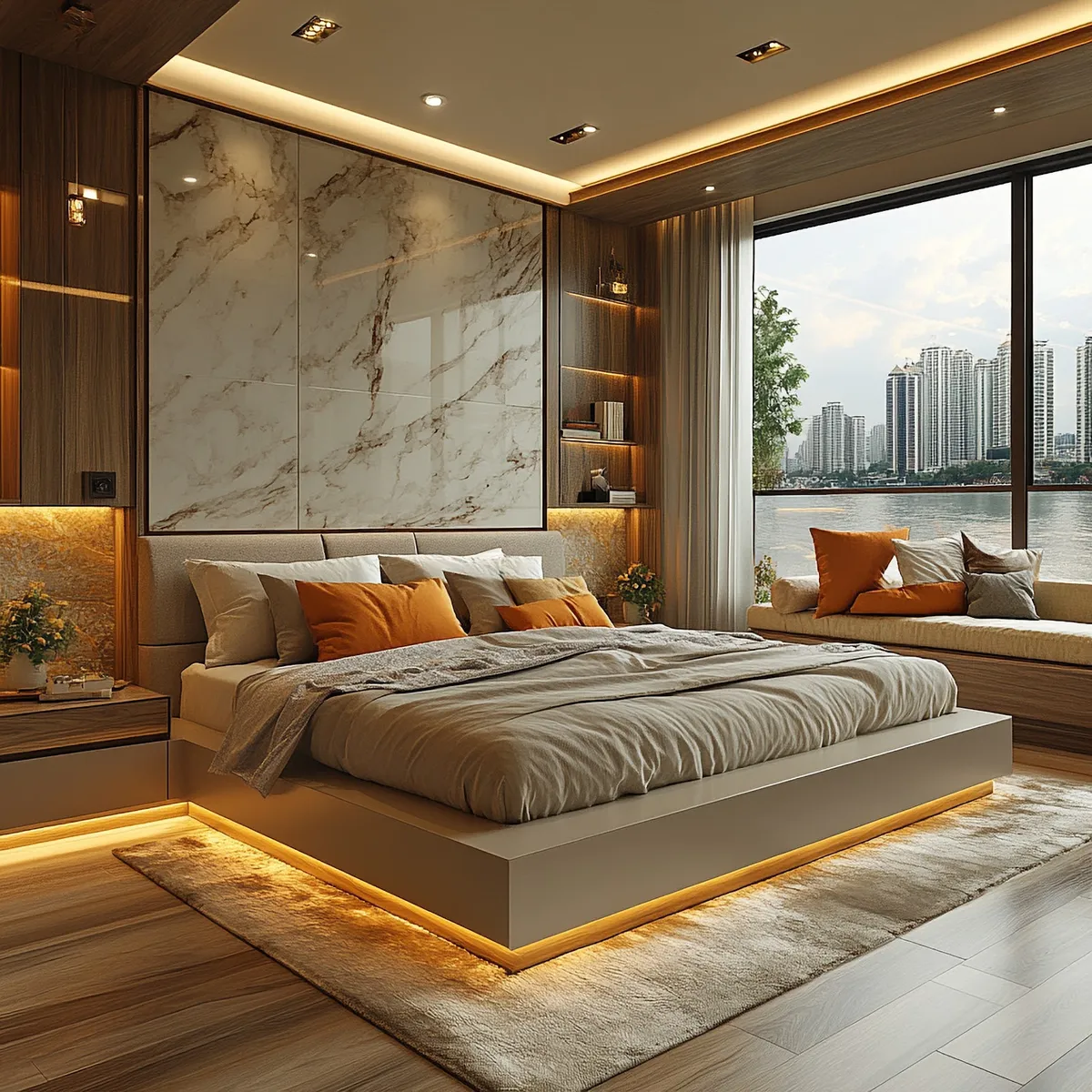 Render of a bedroom where a book-matched white marble slab panel sits above the headboard and the bed plinth floats on a warm LED cove