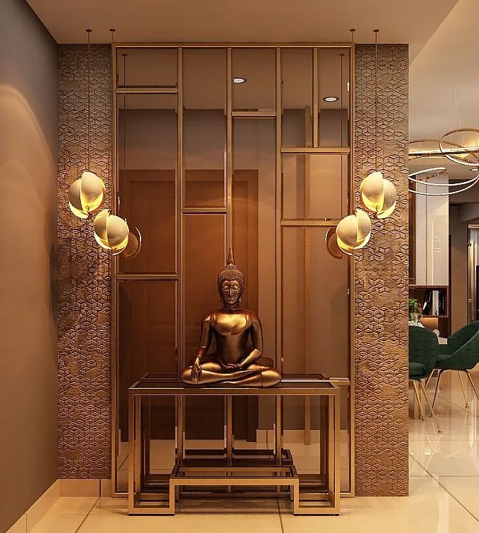 Render of an entrance foyer with a bronze meditating Buddha statue on a console table