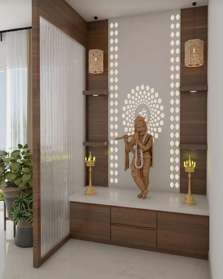 Render of a wall-hung pooja unit in walnut veneer with a white stone counter, a cut-out Om-and-lotus motif behind the flute-playing Krishna idol