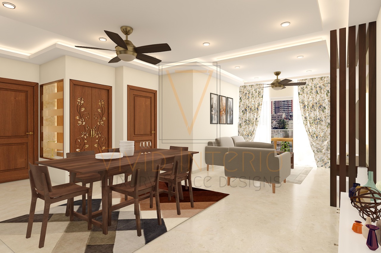 Render of an open dining and living space with a walnut dining table on a patterned rug, floral curtains, and a decorative inlaid wood door.