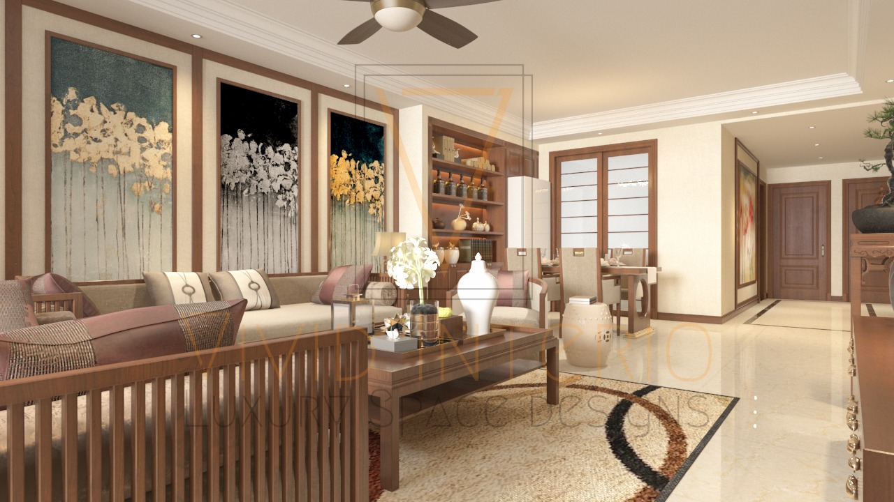 Render of a living room with a wood-slat frame sofa, an oversized three-panel gold and black floral wall art triptych