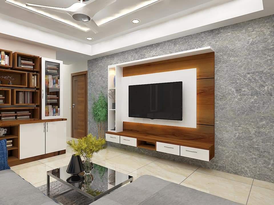 Render of a living room TV wall with a grey stone-textured panel, a wood-and-white floating TV console with a backlit niche